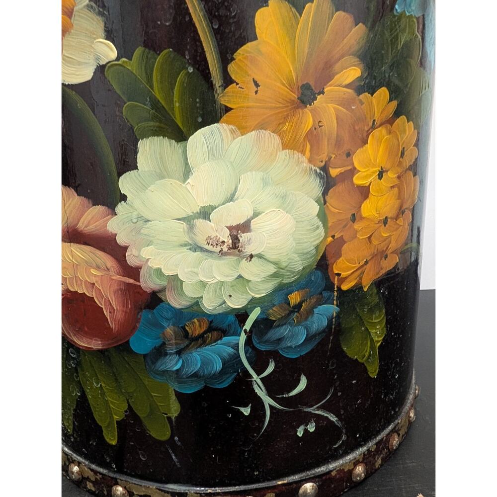 Hand Painted Floral Wood Waste Basket Black Gold Tole Style Decor Vintage - Picture 2 of 7